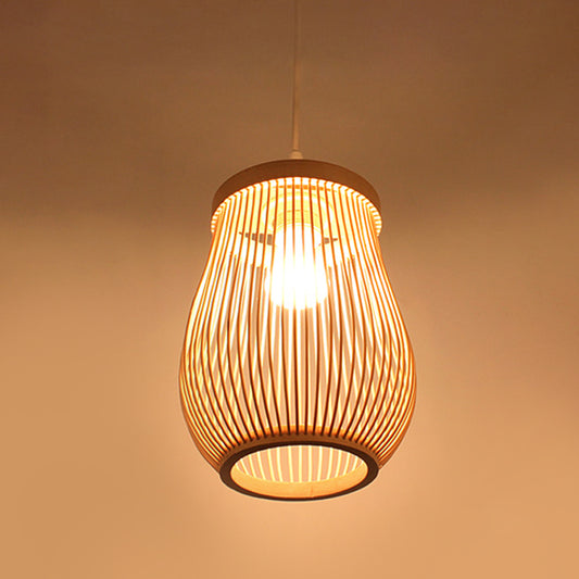 Hand-Worked Pear Cage Drop Pendant Asia Bamboo 1 Bulb Terrace Ceiling Light in Wood Clearhalo 'Ceiling Lights' 'Pendant Lights' 'Pendants' Lighting' 809197