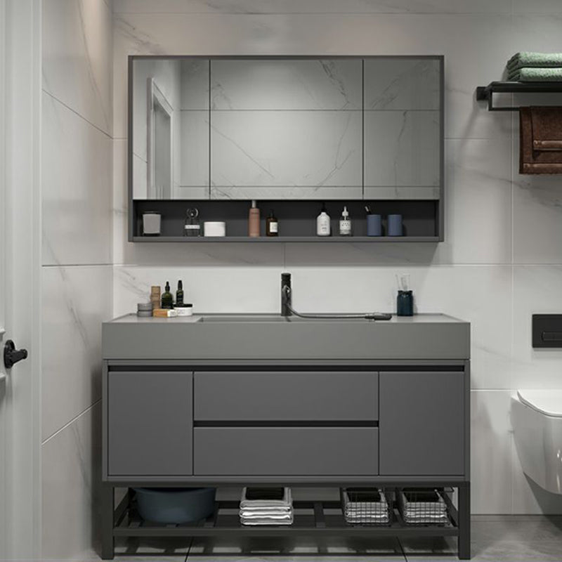 2 Drawers Bathroom Vanity Single Sink Wood Frame Mirror Soft Close Door in Grey 47"L x 19"W x 31.5"H Clearhalo 'Bathroom Remodel & Bathroom Fixtures' 'Bathroom Vanities' 'bathroom_vanities' 'Home Improvement' 'home_improvement' 'home_improvement_bathroom_vanities' 8092051