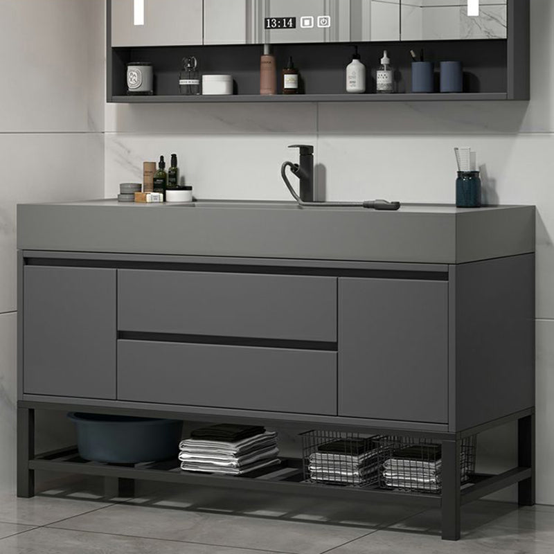 2 Drawers Bathroom Vanity Single Sink Wood Frame Mirror Soft Close Door in Grey Clearhalo 'Bathroom Remodel & Bathroom Fixtures' 'Bathroom Vanities' 'bathroom_vanities' 'Home Improvement' 'home_improvement' 'home_improvement_bathroom_vanities' 8092067