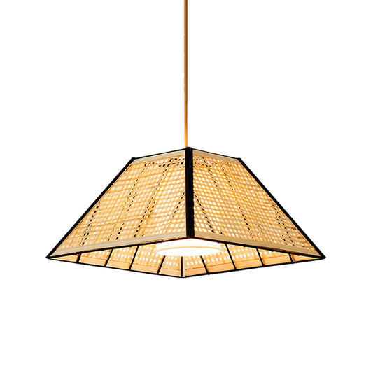 Japanese Gridded Pyramid Pendant Lamp Bamboo 1 Head Restaurant Suspension Lighting with Inner White Fabric Shade Clearhalo 'Ceiling Lights' 'Pendant Lights' 'Pendants' Lighting' 809206