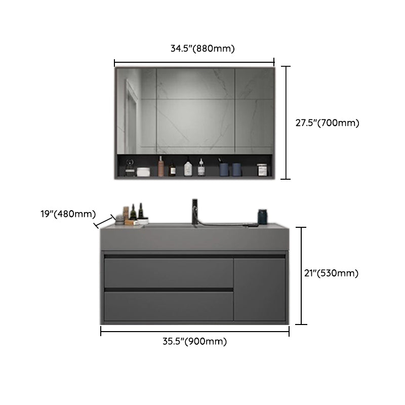2 Drawers Bathroom Vanity Single Sink Wood Frame Mirror Soft Close Door in Grey Clearhalo 'Bathroom Remodel & Bathroom Fixtures' 'Bathroom Vanities' 'bathroom_vanities' 'Home Improvement' 'home_improvement' 'home_improvement_bathroom_vanities' 8092081