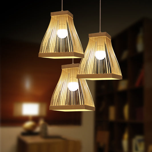 Wood Trapezoid Frame Ceiling Lamp Fixture Asian 1-Bulb Bamboo Strip LED Pendant Light Kit Clearhalo 'Ceiling Lights' 'Pendant Lights' 'Pendants' Lighting' 809262