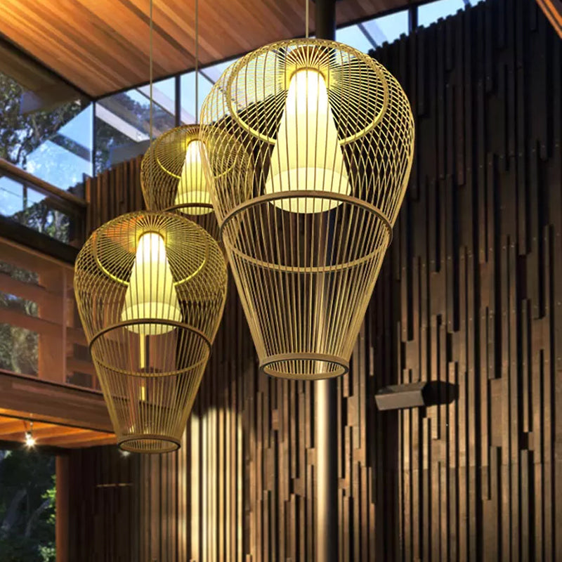 Rural Urn Cage Bamboo Pendulum Light Single-Bulb Pendant Lighting Fixture in Beige with Inner Cone Shade Clearhalo 'Ceiling Lights' 'Pendant Lights' 'Pendants' Lighting' 809312
