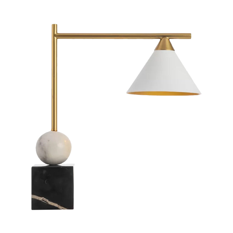 Conical Desk Lighting Minimalist Metal Single Head White Nightstand Lamp with Square Black Marble Base for Living Room Clearhalo 'Lamps' 'Table Lamps' Lighting' 809329