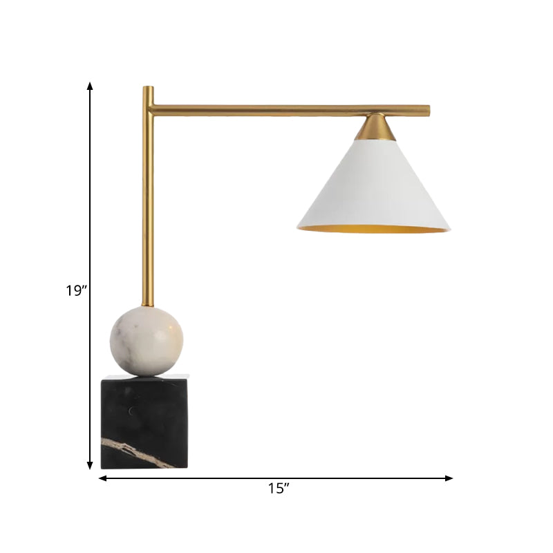 Conical Desk Lighting Minimalist Metal Single Head White Nightstand Lamp with Square Black Marble Base for Living Room Clearhalo 'Lamps' 'Table Lamps' Lighting' 809330