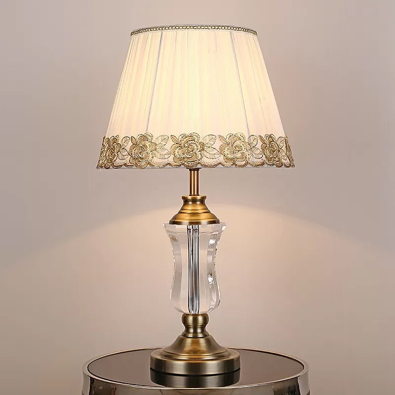 Beige Barrel Night Light Modern 1 Light Fabric Table Lamp with Urn Crystal Lamp Stand Beige Clearhalo 'Lamps' 'Table Lamps' Lighting' 809331