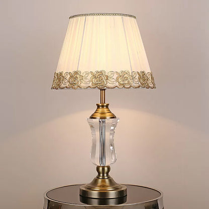 Beige Barrel Night Light Modern 1 Light Fabric Table Lamp with Urn Crystal Lamp Stand Beige Clearhalo 'Lamps' 'Table Lamps' Lighting' 809331