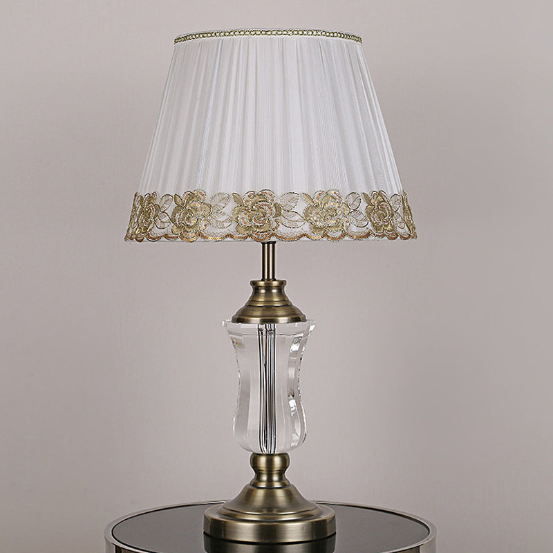 Beige Barrel Night Light Modern 1 Light Fabric Table Lamp with Urn Crystal Lamp Stand Clearhalo 'Lamps' 'Table Lamps' Lighting' 809332