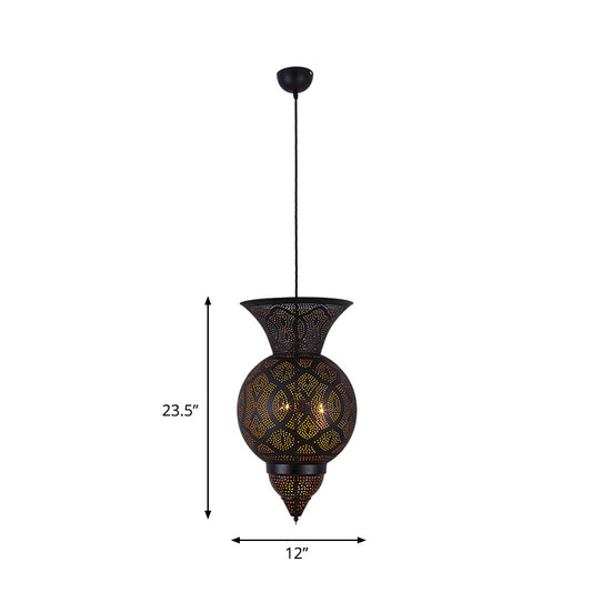 3-Bulb Etched Urn Hanging Chandelier Countryside Black Metal Ceiling Suspension Lamp Clearhalo 'Ceiling Lights' 'Chandeliers' Lighting' options 809413
