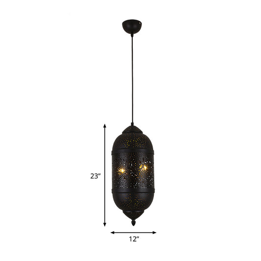 3-Light Hanging Light Kit Arab Etched Cylindrical Metal Ceiling Chandelier in Black for Dining Room Clearhalo 'Ceiling Lights' 'Chandeliers' Lighting' options 809418