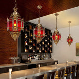 Lantern Restaurant Pendant Lighting Traditional Red Glass 3 Lights Brass Chandelier Light Fixture Clearhalo 'Ceiling Lights' 'Chandeliers' Lighting' options 809419