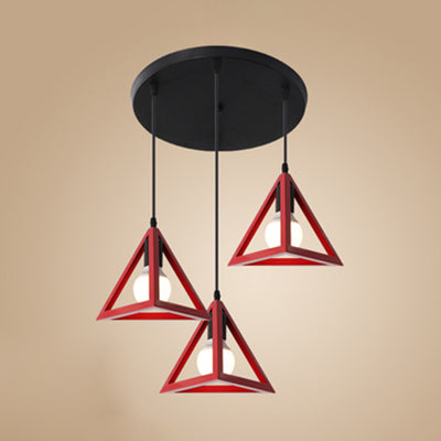 Red/Yellow Triangle Pendant Ceiling Light Retro Stylish Metallic 3 Heads Foyer Suspension Lamp with Linear/Round Canopy Red Round Clearhalo 'Art Deco Pendants' 'Cast Iron' 'Ceiling Lights' 'Ceramic' 'Crystal' 'Industrial Pendants' 'Industrial' 'Metal' 'Middle Century Pendants' 'Modern Pendants' 'Modern' 'Pendant Lights' 'Pendants' 'Tiffany' Lighting' 80946
