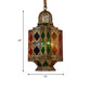 Lantern Stained Glass Hanging Light Fixture Art Deco 3 Bulbs Corridor Pendant Chandelier in Brass with Carved Design Clearhalo 'Ceiling Lights' 'Chandeliers' Lighting' options 809498