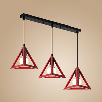 Red/Yellow Triangle Pendant Ceiling Light Retro Stylish Metallic 3 Heads Foyer Suspension Lamp with Linear/Round Canopy Red Linear Clearhalo 'Art Deco Pendants' 'Cast Iron' 'Ceiling Lights' 'Ceramic' 'Crystal' 'Industrial Pendants' 'Industrial' 'Metal' 'Middle Century Pendants' 'Modern Pendants' 'Modern' 'Pendant Lights' 'Pendants' 'Tiffany' Lighting' 80949