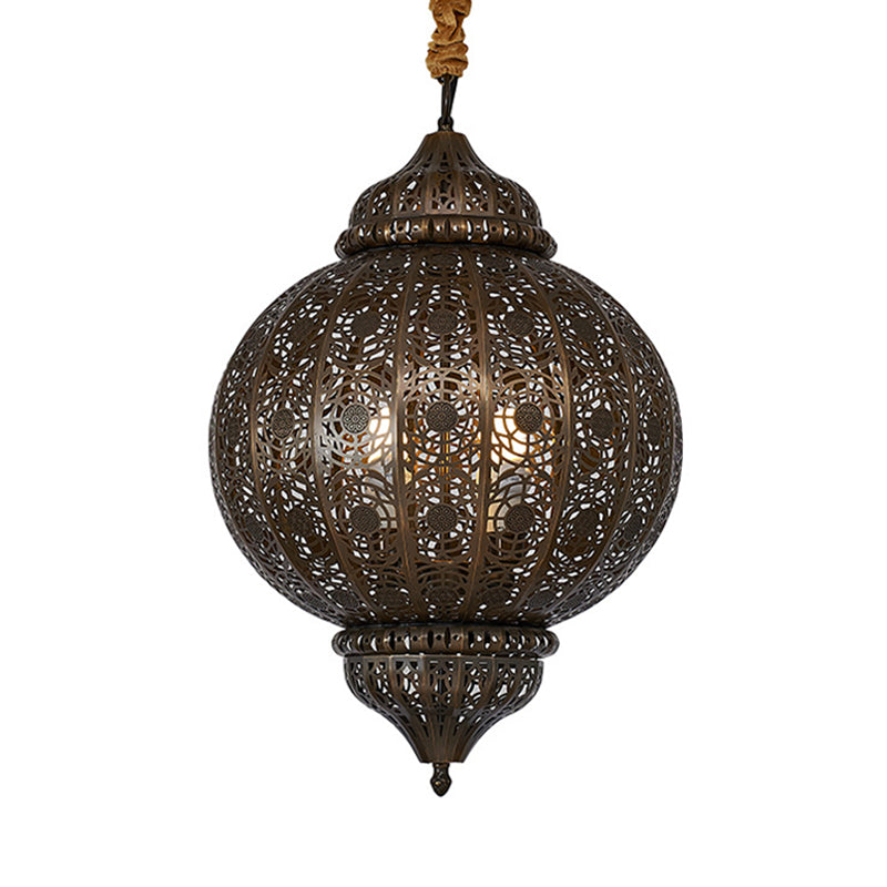 3 Heads Metal Suspension Light Country Bronze Finish Etched Sphere Corridor Chandelier Clearhalo 'Ceiling Lights' 'Chandeliers' Lighting' options 809501