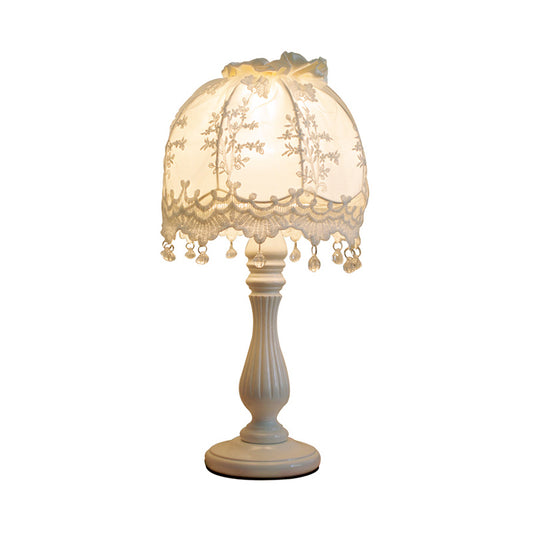 Pastoral Dome Night Table Lamp Fabric 1 Light Girls Bedroom Nightstand Light in White with Lace Decor - Clearhalo - 'Lamps' - 'Table Lamps' - Lighting' - 809548