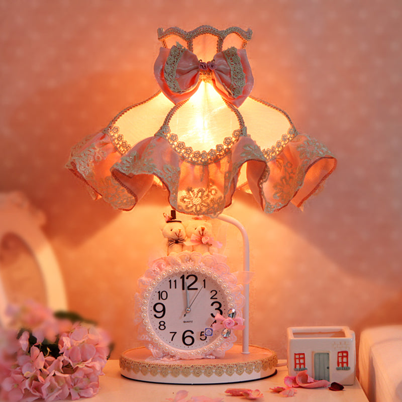 Kids 1 Bulbs Nightstand Light Pink Scalloped Night Table Lighting with Fabric Shade and Clock Pink Clearhalo 'Lamps' 'Table Lamps' Lighting' 809550