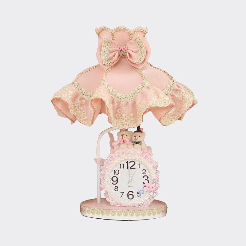 Kids 1 Bulbs Nightstand Light Pink Scalloped Night Table Lighting with Fabric Shade and Clock Clearhalo 'Lamps' 'Table Lamps' Lighting' 809552