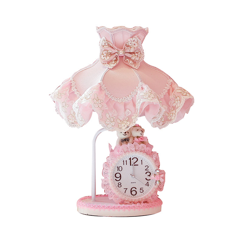 Pink Scalloped Night Light Kids 1 Head Fabric Nightstand Lighting with Clock Design for Girls Bedroom Clearhalo 'Lamps' 'Table Lamps' Lighting' 809556