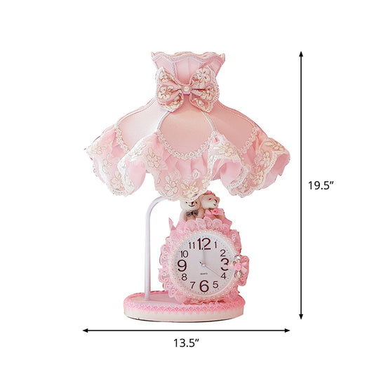 Pink Scalloped Night Light Kids 1 Head Fabric Nightstand Lighting with Clock Design for Girls Bedroom Clearhalo 'Lamps' 'Table Lamps' Lighting' 809557