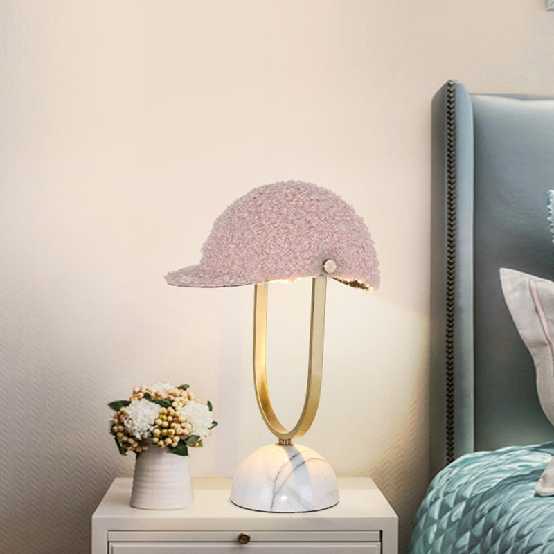 Hat Plush Table Light Modern 1 Bulb Pink Night Lamp with Iron Frame and Marble Base for Bedroom Pink Clearhalo 'Lamps' 'Table Lamps' Lighting' 809566