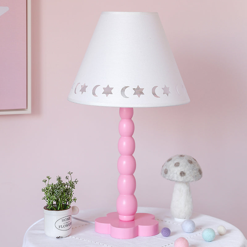 Kids Cone Table Lamp Fabric 1 Light Bedroom Night Light with Cutout Design and Wood Base in Pink/Pink and White/Pink and Green White-Pink Clearhalo 'Lamps' 'Table Lamps' Lighting' 809582