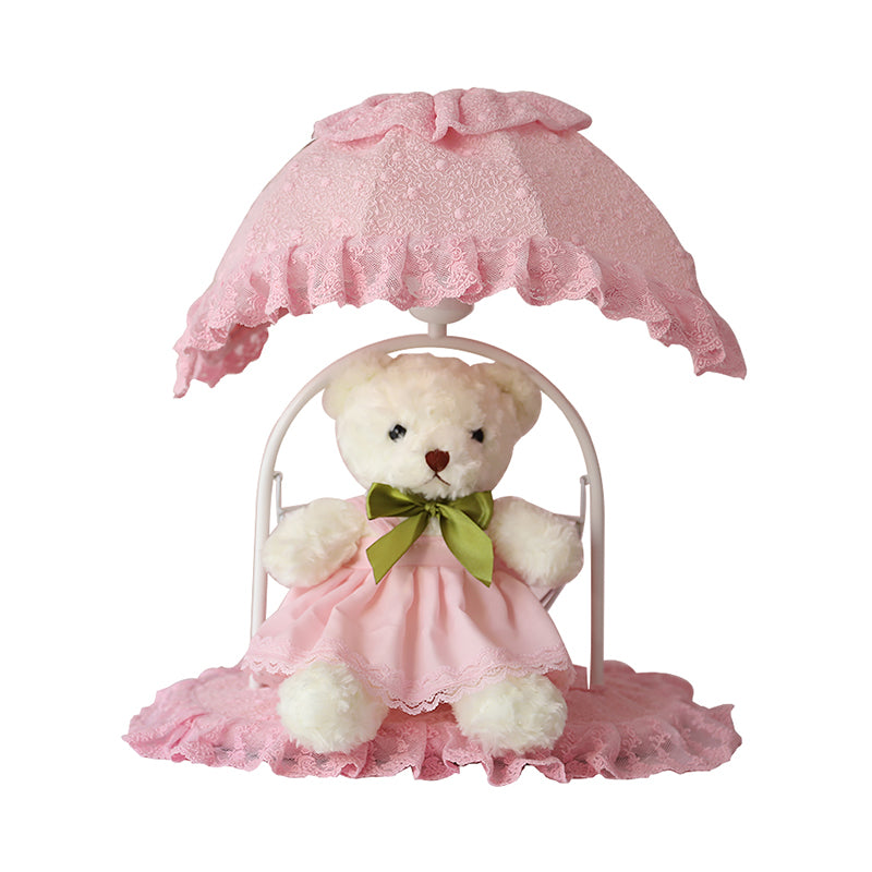 Fabric Bear Night Table Lamp Kids 1 Light Pink Nightstand Lighting with Lace Trim for Nursery Clearhalo 'Lamps' 'Table Lamps' Lighting' 809599