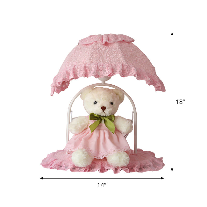 Fabric Bear Night Table Lamp Kids 1 Light Pink Nightstand Lighting with Lace Trim for Nursery Clearhalo 'Lamps' 'Table Lamps' Lighting' 809601