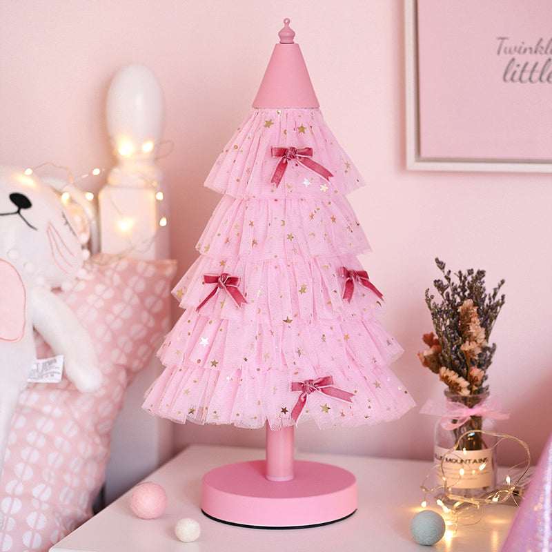 Pink Christmas Tree Table Lighting Kids 1 Bulb Fabric Nightstand Light with Round Base for Girl's Bedroom Pink Clearhalo 'Lamps' 'Table Lamps' Lighting' 809602