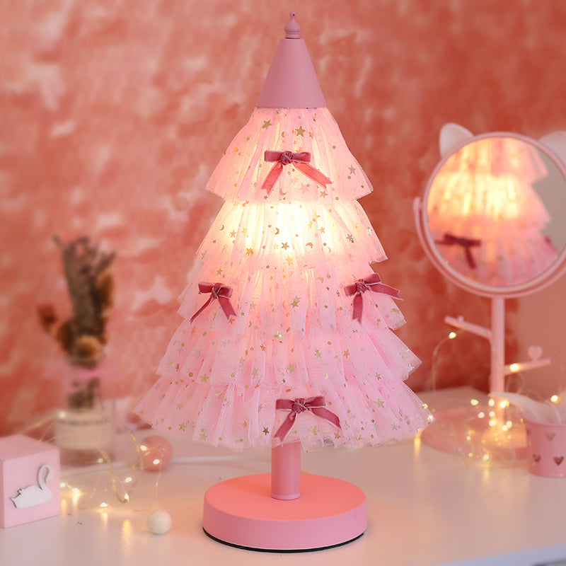 Pink Christmas Tree Table Lighting Kids 1 Bulb Fabric Nightstand Light with Round Base for Girl's Bedroom Clearhalo 'Lamps' 'Table Lamps' Lighting' 809603
