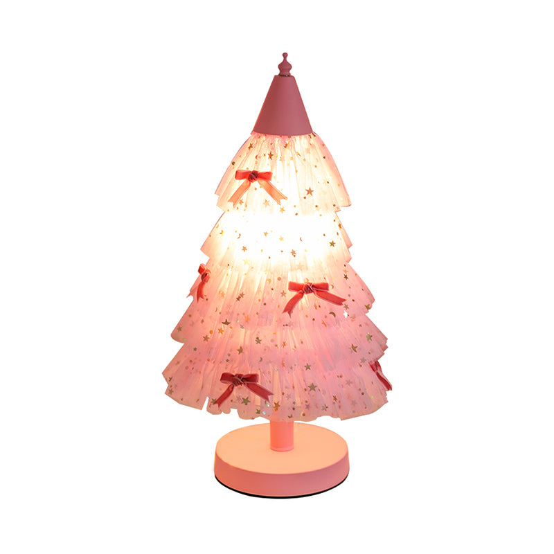 Pink Christmas Tree Table Lighting Kids 1 Bulb Fabric Nightstand Light with Round Base for Girl's Bedroom Clearhalo 'Lamps' 'Table Lamps' Lighting' 809604