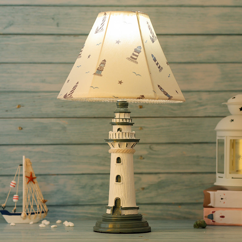 Mediterranean Tapered Night Light Fabric 1 Bulb Nursery Table Lamp with Tower/Boat/Stripe Pattern and Lighthouse Base Blue Tower Clearhalo 'Lamps' 'Table Lamps' Lighting' 809606