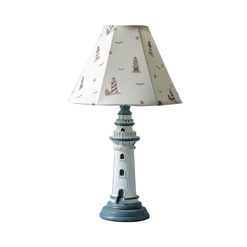 Mediterranean Tapered Night Light Fabric 1 Bulb Nursery Table Lamp with Tower/Boat/Stripe Pattern and Lighthouse Base Clearhalo 'Lamps' 'Table Lamps' Lighting' 809607