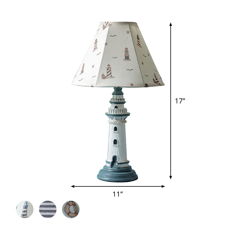 Mediterranean Tapered Night Light Fabric 1 Bulb Nursery Table Lamp with Tower/Boat/Stripe Pattern and Lighthouse Base Clearhalo 'Lamps' 'Table Lamps' Lighting' 809609