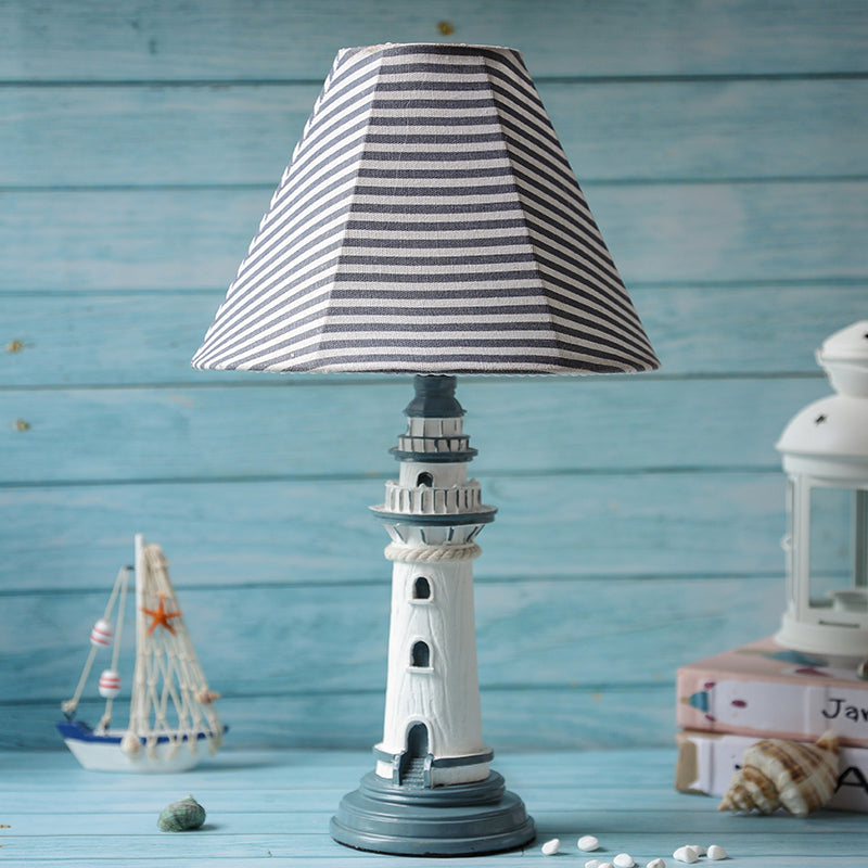 Mediterranean Tapered Night Light Fabric 1 Bulb Nursery Table Lamp with Tower/Boat/Stripe Pattern and Lighthouse Base Blue Stripe Clearhalo 'Lamps' 'Table Lamps' Lighting' 809610