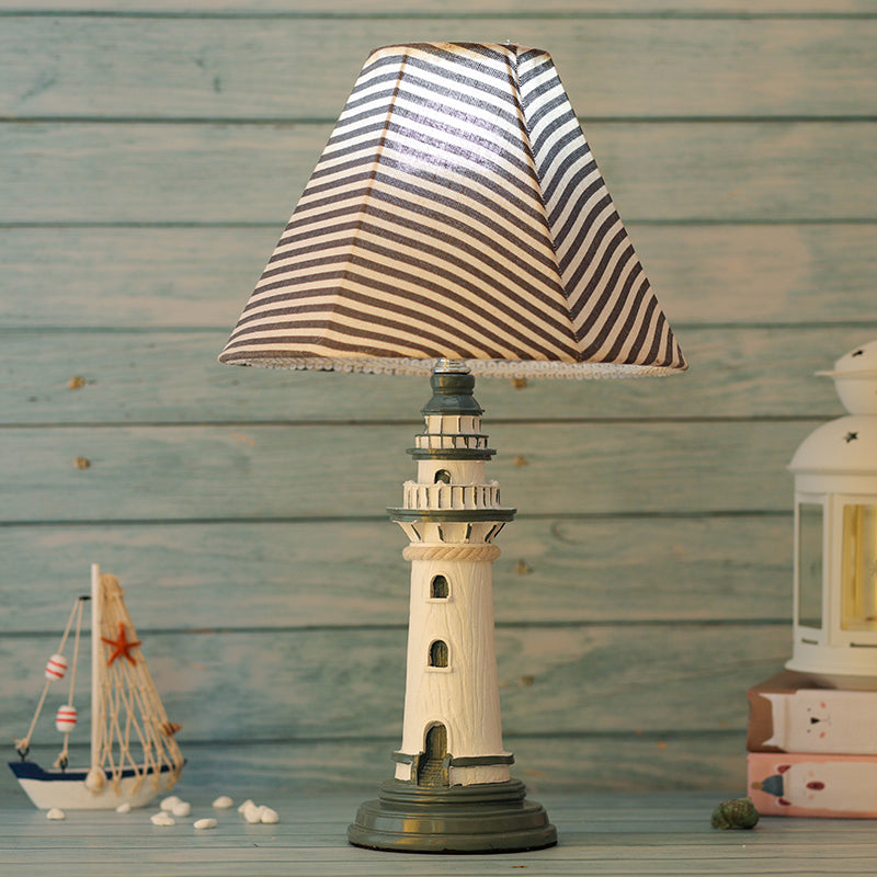 Mediterranean Tapered Night Light Fabric 1 Bulb Nursery Table Lamp with Tower/Boat/Stripe Pattern and Lighthouse Base Clearhalo 'Lamps' 'Table Lamps' Lighting' 809611