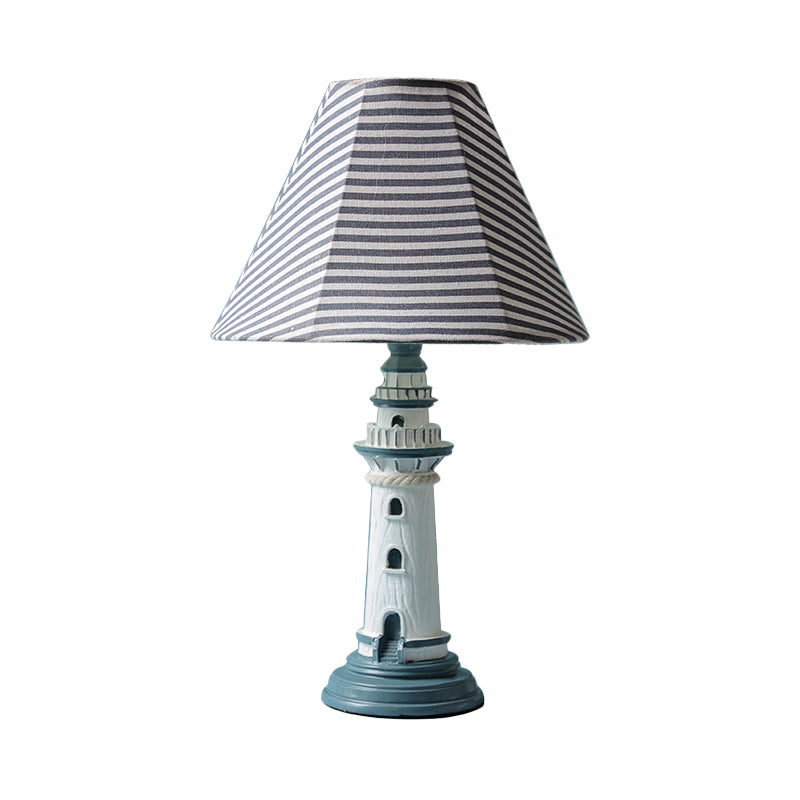 Mediterranean Tapered Night Light Fabric 1 Bulb Nursery Table Lamp with Tower/Boat/Stripe Pattern and Lighthouse Base Clearhalo 'Lamps' 'Table Lamps' Lighting' 809612