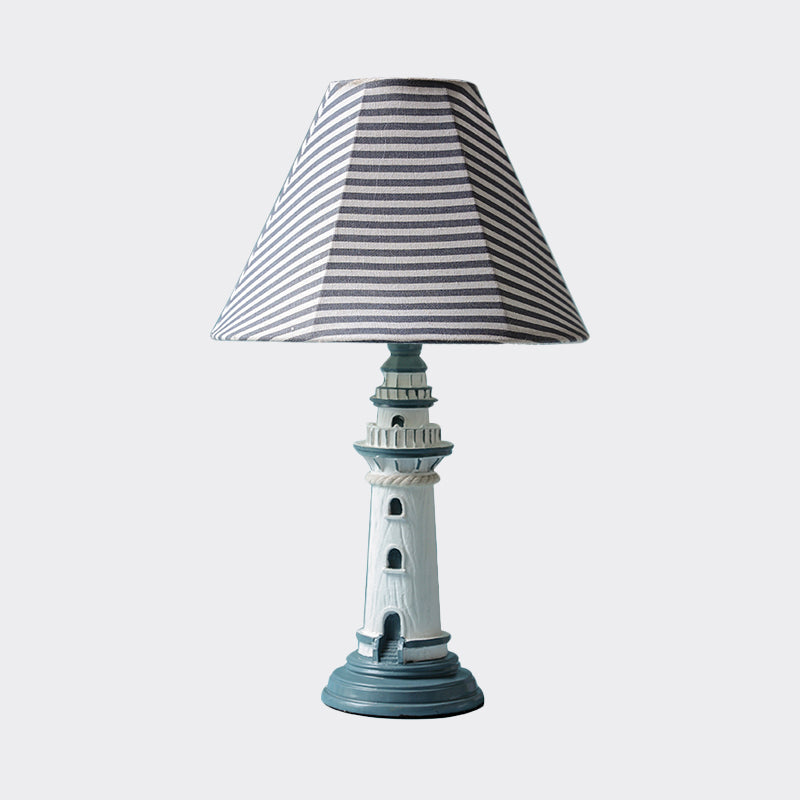 Mediterranean Tapered Night Light Fabric 1 Bulb Nursery Table Lamp with Tower/Boat/Stripe Pattern and Lighthouse Base Clearhalo 'Lamps' 'Table Lamps' Lighting' 809613