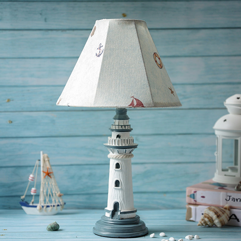 Mediterranean Tapered Night Light Fabric 1 Bulb Nursery Table Lamp with Tower/Boat/Stripe Pattern and Lighthouse Base Blue Boat Clearhalo 'Lamps' 'Table Lamps' Lighting' 809614