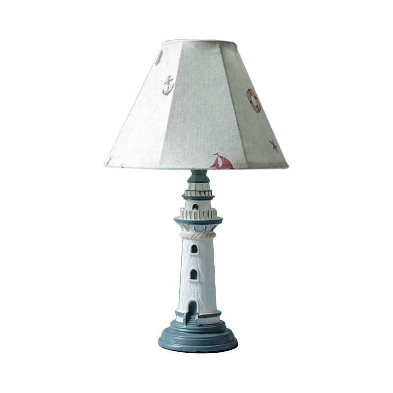 Mediterranean Tapered Night Light Fabric 1 Bulb Nursery Table Lamp with Tower/Boat/Stripe Pattern and Lighthouse Base Clearhalo 'Lamps' 'Table Lamps' Lighting' 809616