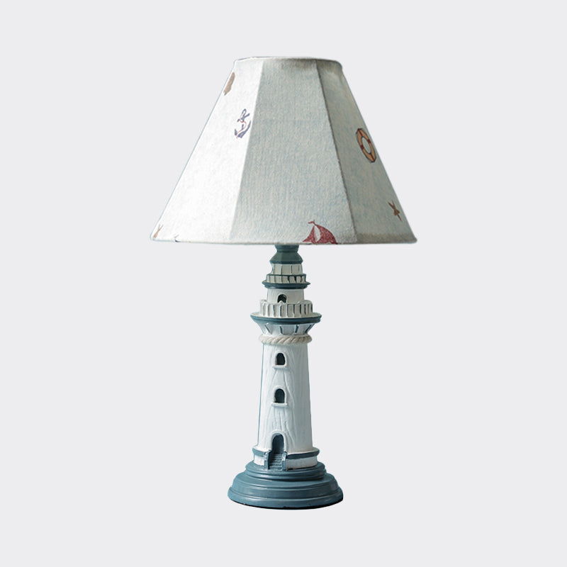 Mediterranean Tapered Night Light Fabric 1 Bulb Nursery Table Lamp with Tower/Boat/Stripe Pattern and Lighthouse Base Clearhalo 'Lamps' 'Table Lamps' Lighting' 809617