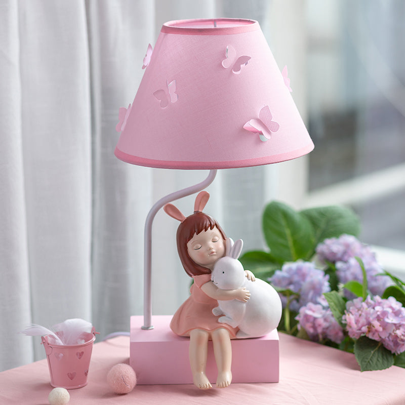 Cartoon Conical Fabric Night Lamp 1 Head Table Light in Pink with Girl Rabbit Design and Wood Base Pink Clearhalo 'Lamps' 'Table Lamps' Lighting' 809618