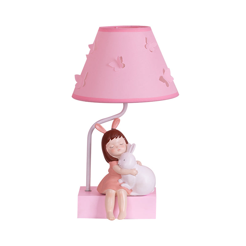 Cartoon Conical Fabric Night Lamp 1 Head Table Light in Pink with Girl Rabbit Design and Wood Base Clearhalo 'Lamps' 'Table Lamps' Lighting' 809620