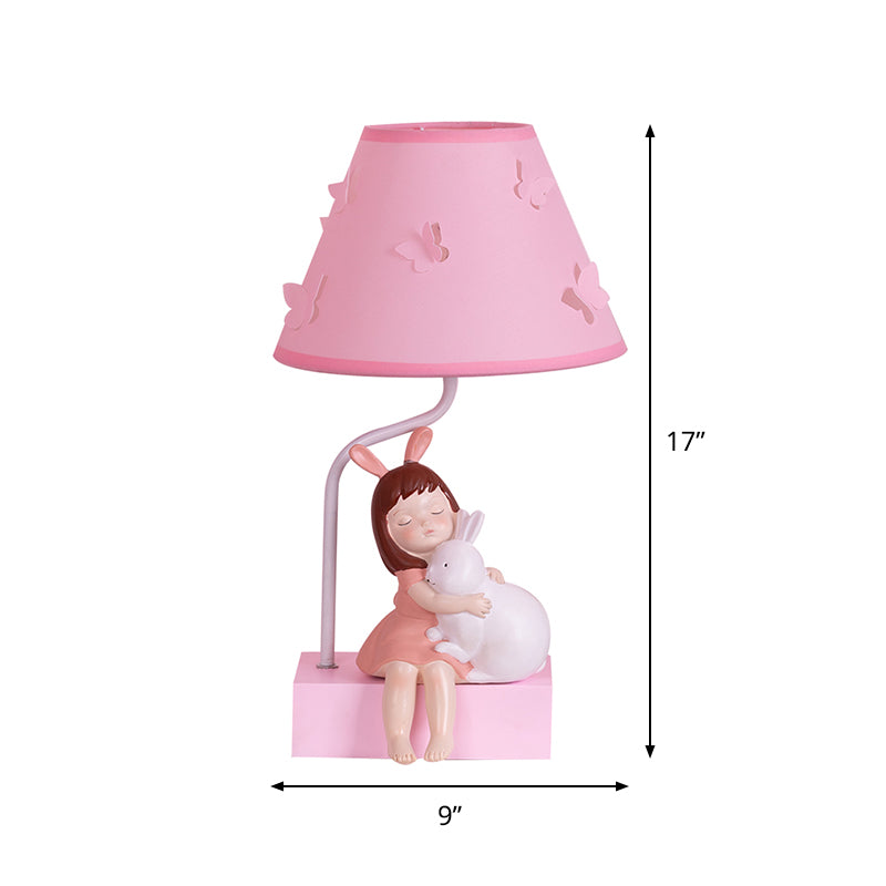 Cartoon Conical Fabric Night Lamp 1 Head Table Light in Pink with Girl Rabbit Design and Wood Base Clearhalo 'Lamps' 'Table Lamps' Lighting' 809621