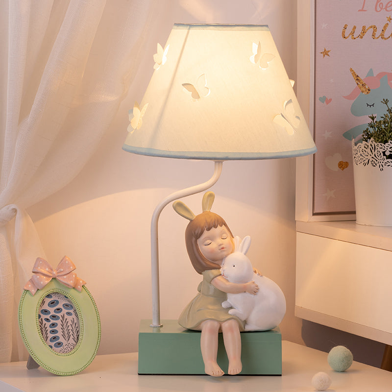 Blue Tapered Night Lighting Kids 1 Light Fabric Nightstand Lamp with Rabbit and Girl Decor Blue Clearhalo 'Lamps' 'Table Lamps' Lighting' 809622