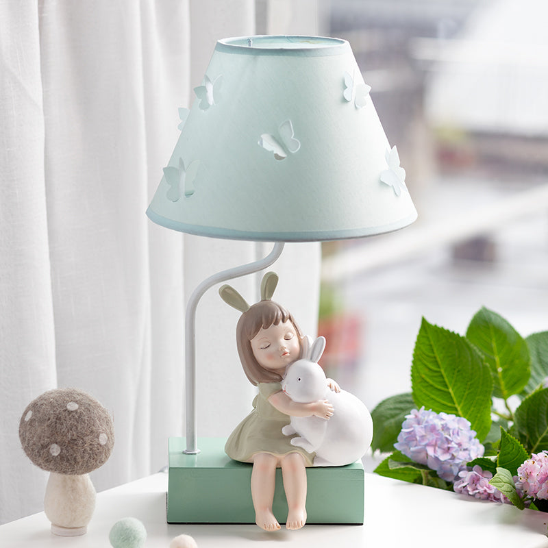 Blue Tapered Night Lighting Kids 1 Light Fabric Nightstand Lamp with Rabbit and Girl Decor Clearhalo 'Lamps' 'Table Lamps' Lighting' 809623