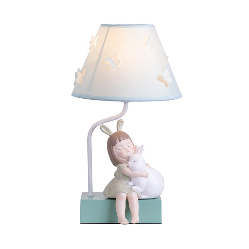 Blue Tapered Night Lighting Kids 1 Light Fabric Nightstand Lamp with Rabbit and Girl Decor Clearhalo 'Lamps' 'Table Lamps' Lighting' 809624