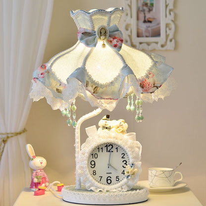 Princess Dress Night Table Light Kids Fabric 1 Bulb Living Room Nightstand Lamp in Aqua with Clock Aqua Clearhalo 'Lamps' 'Table Lamps' Lighting' 809642