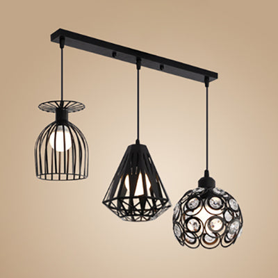 3 Lights Suspended Light Loft Style Caged Metal Ceiling Fixture with Different Shade in Black/White for Restaurant Black Linear Clearhalo 'Art Deco Pendants' 'Black' 'Cast Iron' 'Ceiling Lights' 'Ceramic' 'Crystal' 'Industrial Pendants' 'Industrial' 'Metal' 'Middle Century Pendants' 'Modern Pendants' 'Modern' 'Pendant Lights' 'Pendants' 'Rustic Pendants' 'Tiffany' Lighting' 80970