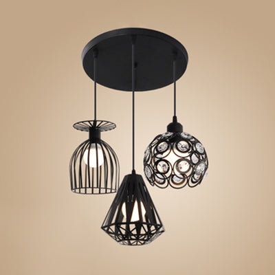 3 Lights Suspended Light Loft Style Caged Metal Ceiling Fixture with Different Shade in Black/White for Restaurant Black Round Clearhalo 'Art Deco Pendants' 'Black' 'Cast Iron' 'Ceiling Lights' 'Ceramic' 'Crystal' 'Industrial Pendants' 'Industrial' 'Metal' 'Middle Century Pendants' 'Modern Pendants' 'Modern' 'Pendant Lights' 'Pendants' 'Rustic Pendants' 'Tiffany' Lighting' 80972